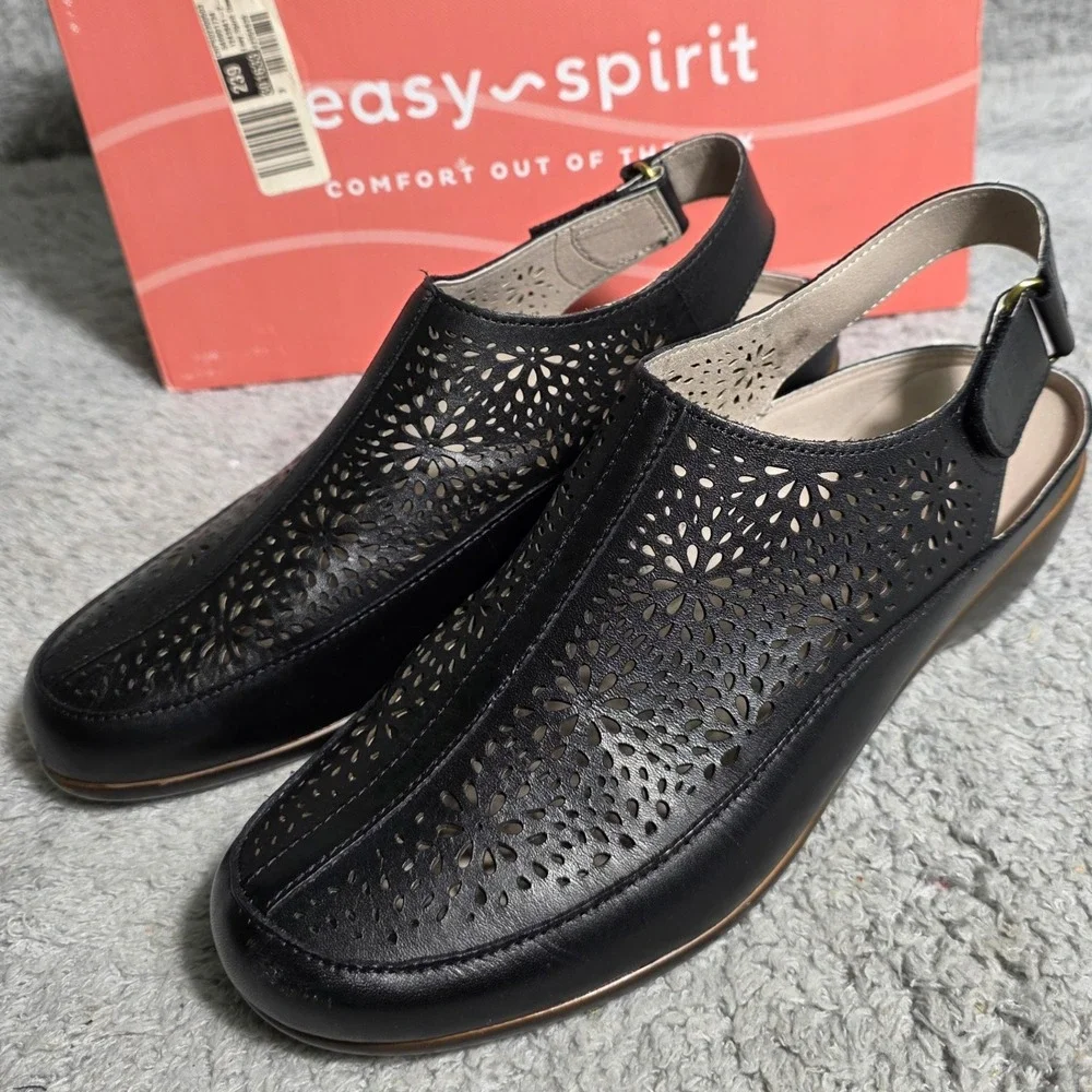 Easy Spirit Black Leather Laser Cut Slingback Wedge Mules Shoes Women's 9M NEW